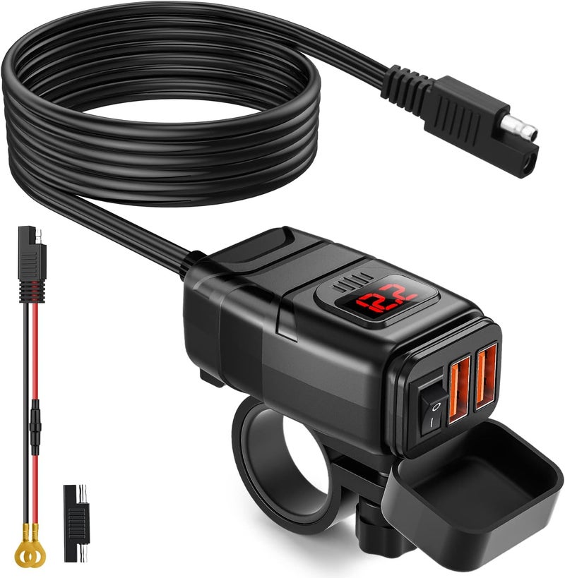 EXTRACTME Motorcycle USB Charger, 6.8A Quick Charge 3.0 Dual USB Motorcycle Phone Charger with Voltmeter & ON/Off Switch, Waterproof Quick Disconnect SAE to USB Adapter for Phone, Tablet, GPS - Image 1
